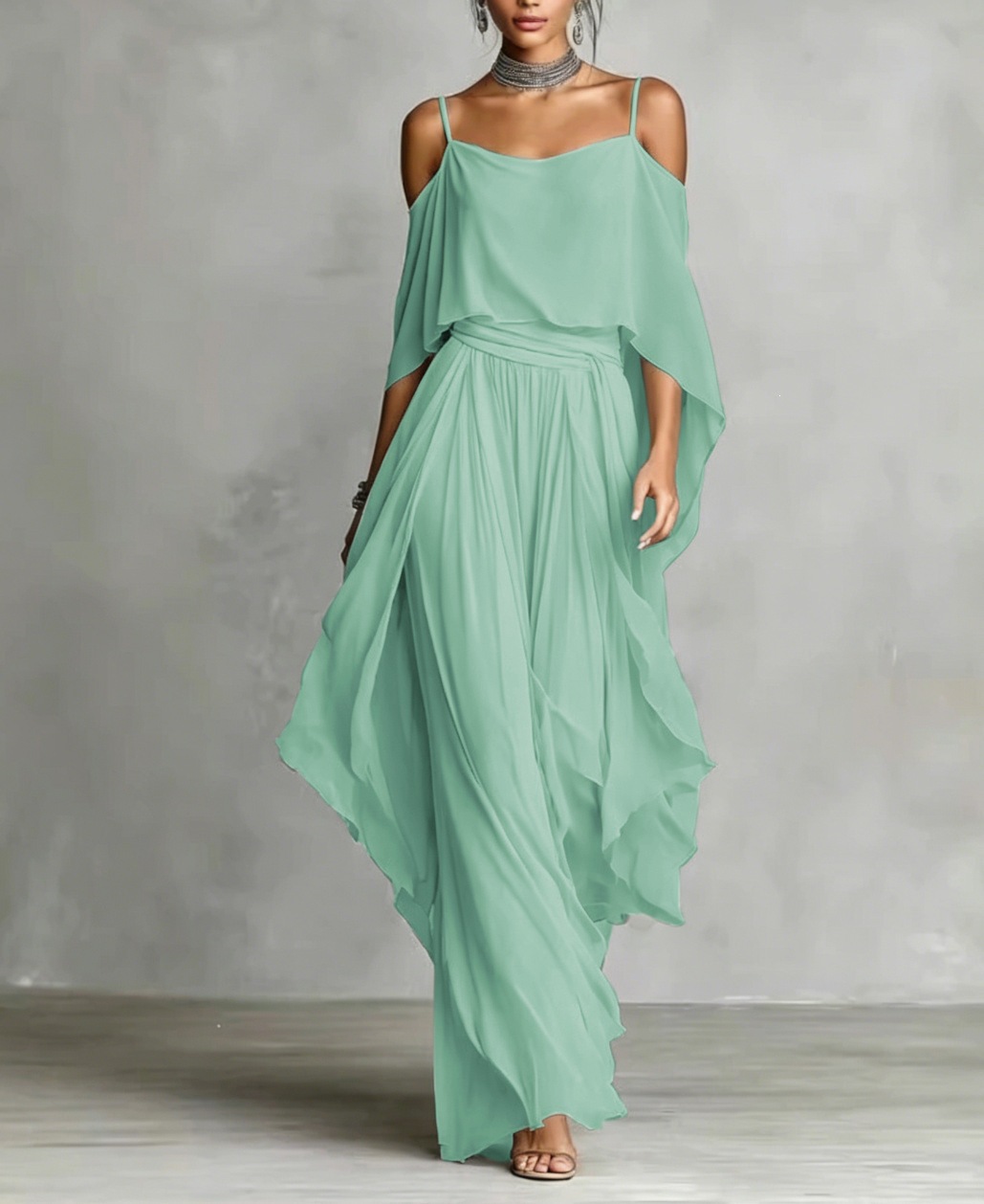 Gray Chiffon Off-Shoulder Cami & Wide-Leg Pants Set