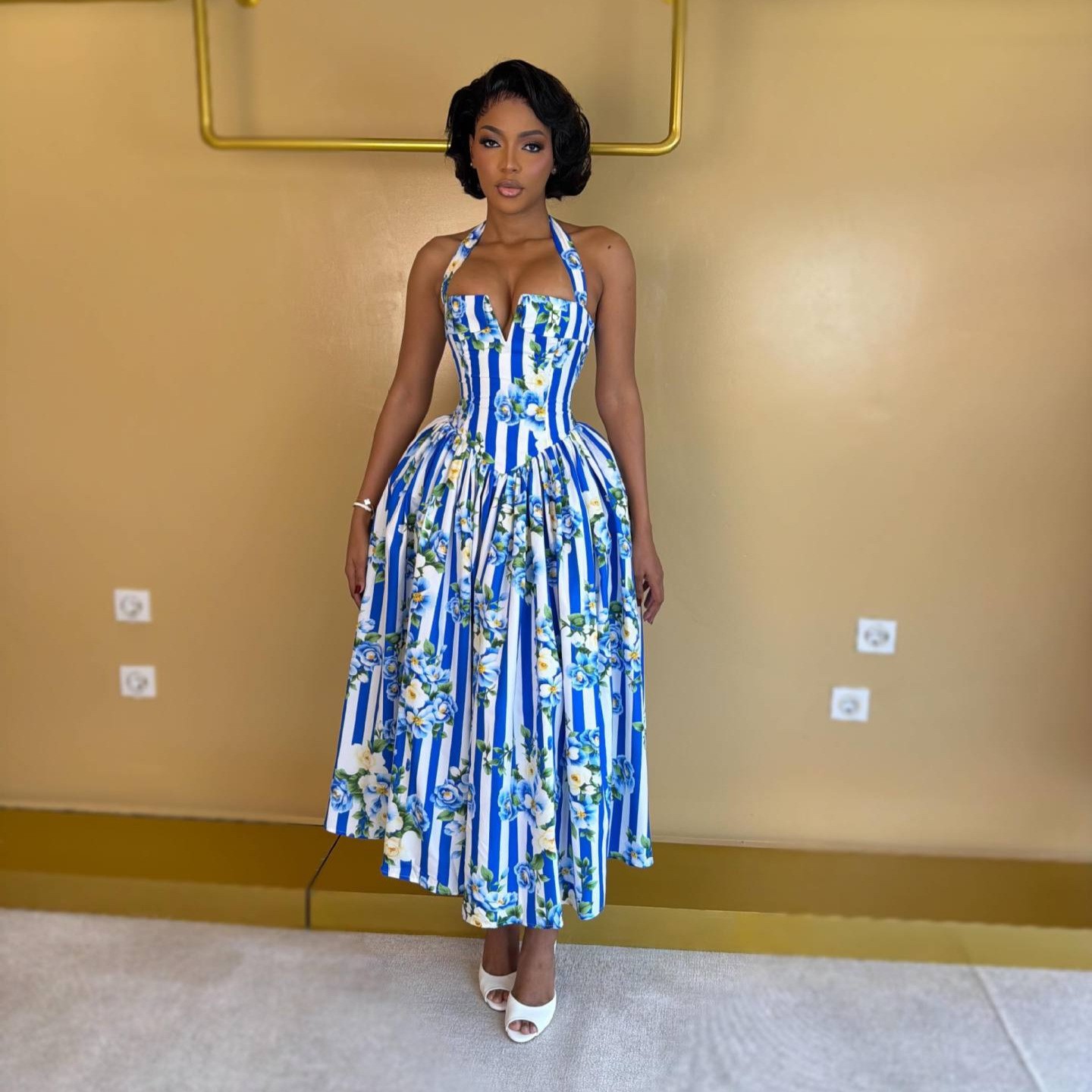 Floral Print V-Neck Halter Tie Maxi Dress
