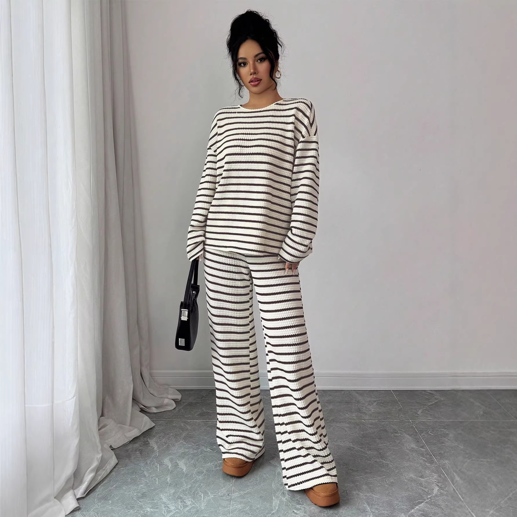 Women's Striped Lounge Set Long Sleeve Crewneck Tee and Pants