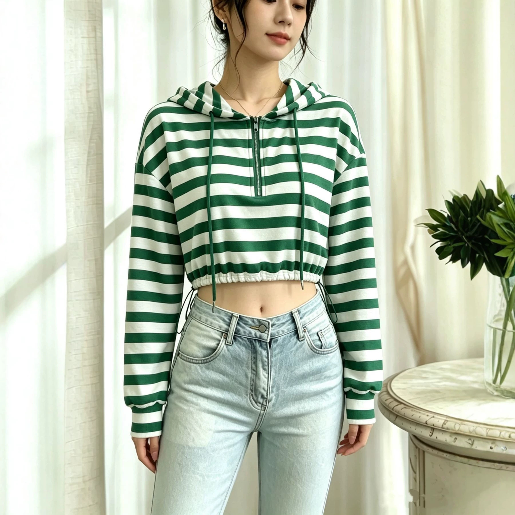 Half-Zip Hooded Drawstring Sweatshirt Zebra Print Cropped Fit