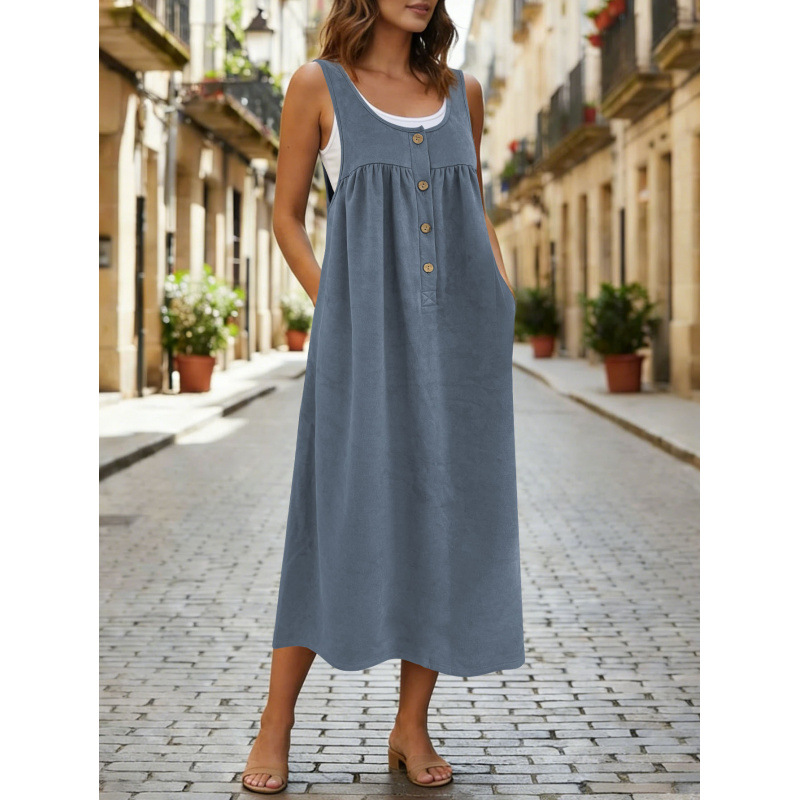 Women's Sleeveless Button A-Line Loose Long Dress Casual