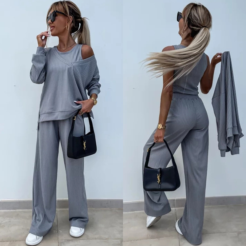 Women's Solid V-Neck Long-Sleeve Top & Pants 3-Piece Set