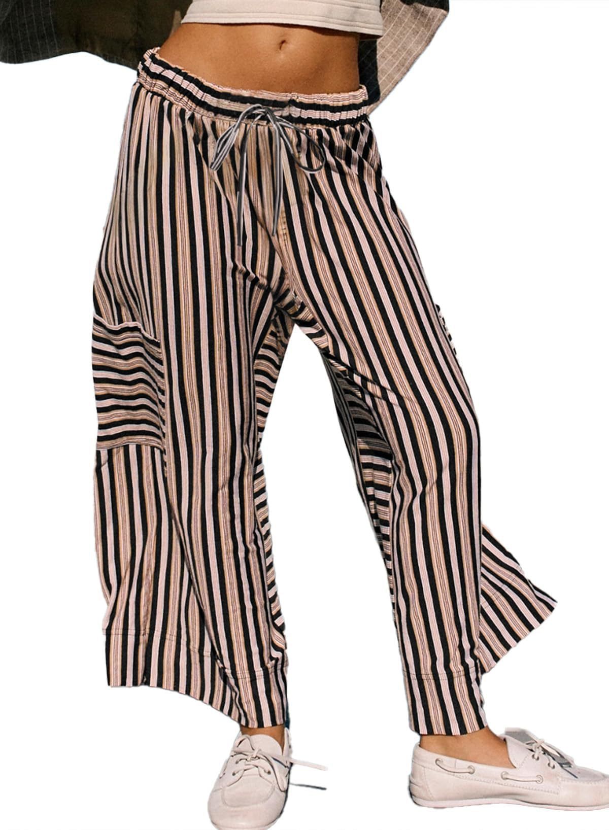 Striped Straight-Leg Drawstring Wide-Leg Beach Pants for Women