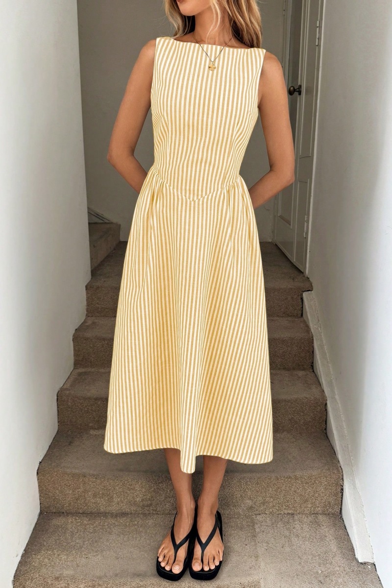 Striped Round Neck Cinched Waist Slimming Long Dress