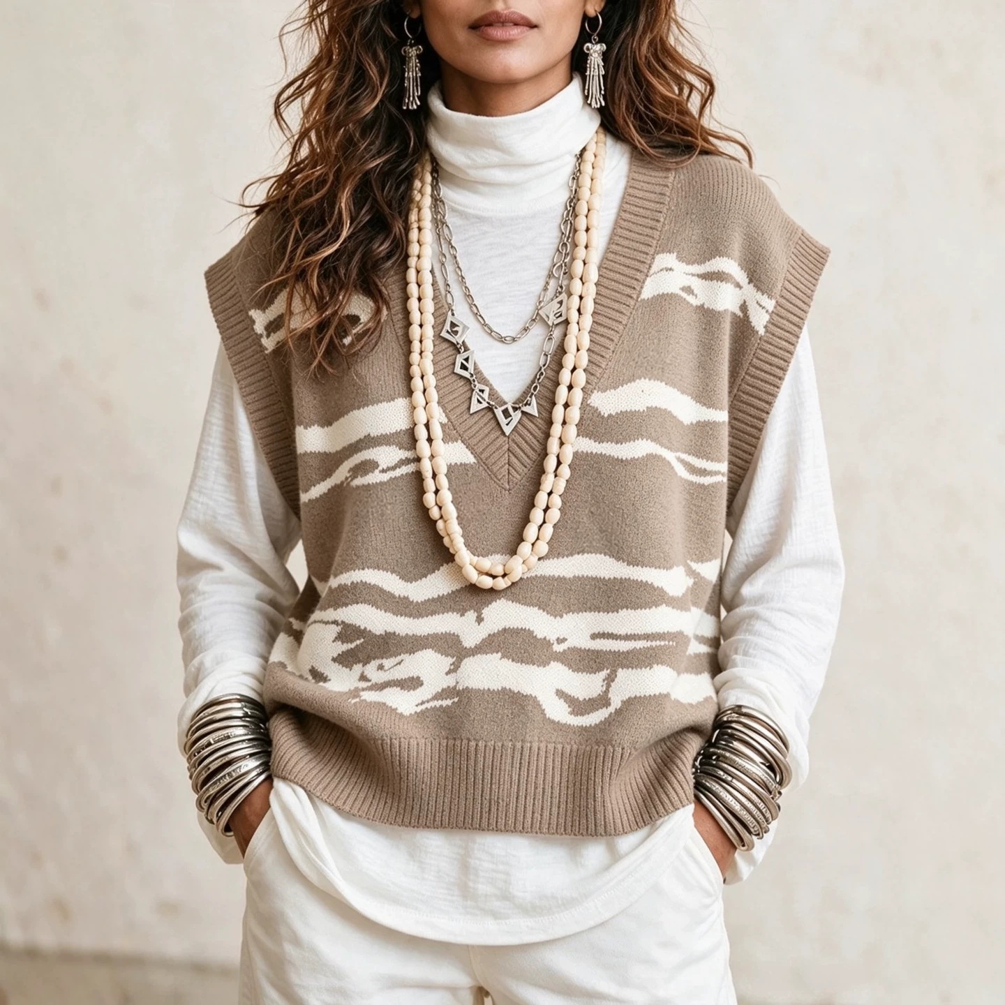 V-Neck Wavy Knit Sweater Vest Sleeveless Pullover