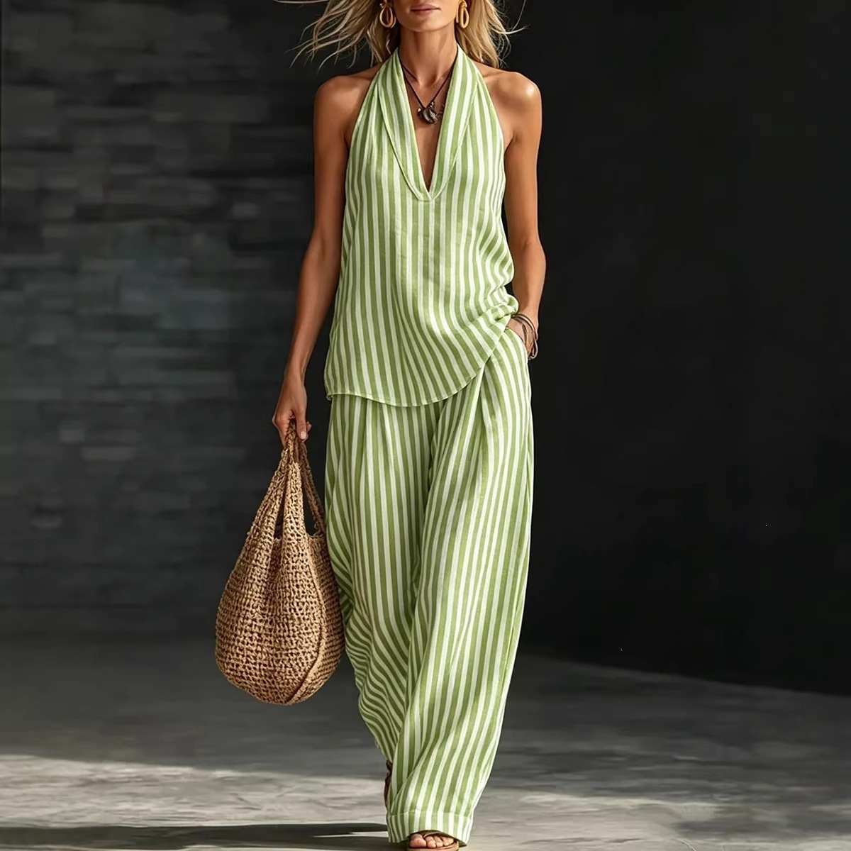 Women's Striped Halter V-Neck Sleeveless Two-Piece Pants Set