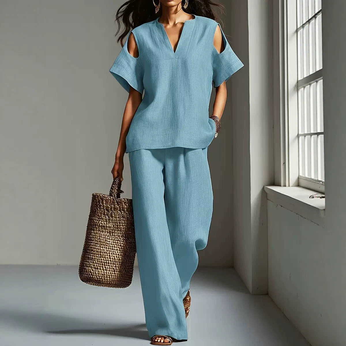 Women's Short Sleeve T-Shirt and Pants Two-Piece Set Casual Solid Color