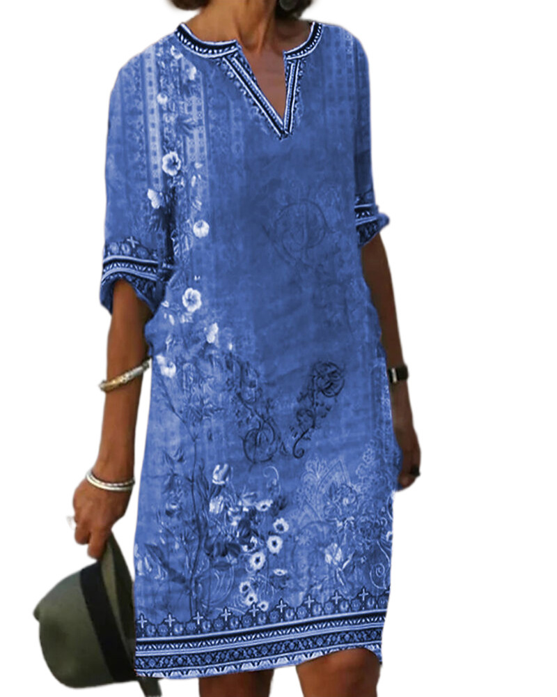 Ethnic Floral Print V-Neck Casual Dress