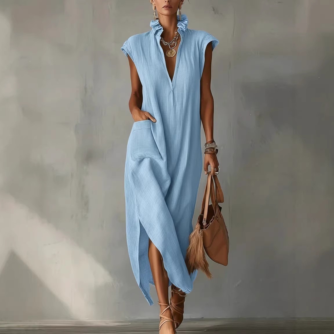 Women's Summer Sleeveless V-Neck Cotton-Linen Dress Loose A-Line Midi