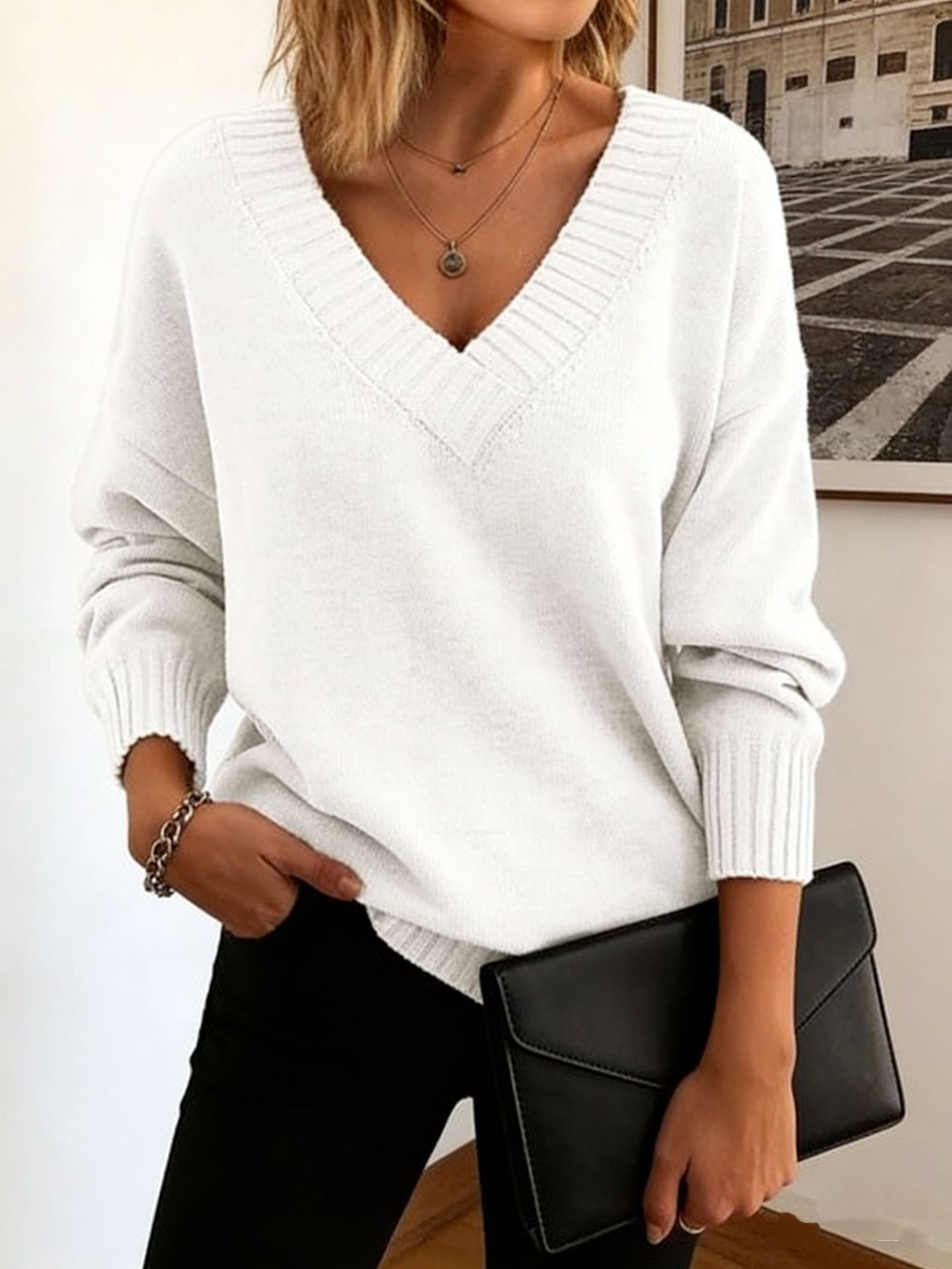 Women's Loose V-Neck Pullover Sweater Solid Color Knit Top