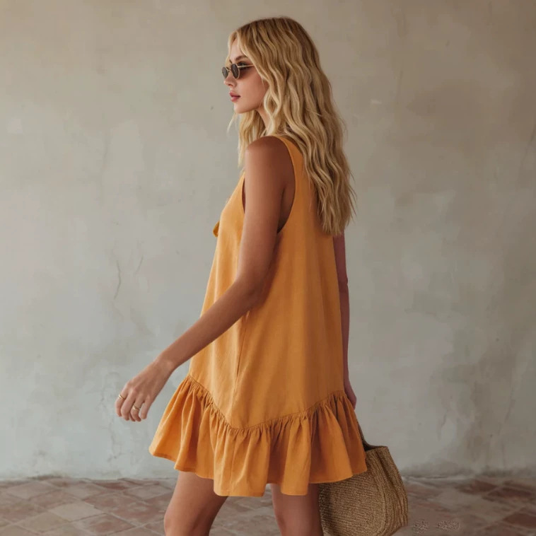 Retro V-Neck Tie-Waist Cotton Sleeveless Mini Dress