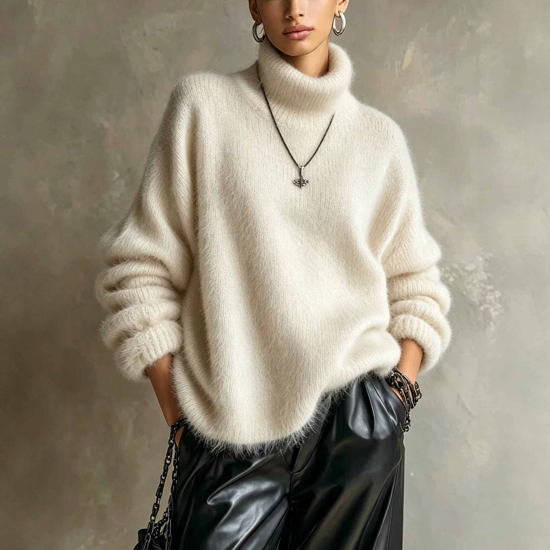 Women's Oversized Fuzzy High-Neck Knit Sweater