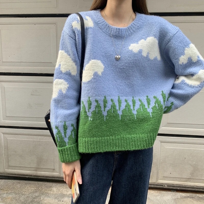 Blue Sky White Clouds Pattern Crewneck Sweater Loose Fit