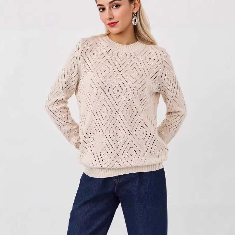 Women's Openwork Diamond Crewneck Long-Sleeve Pullover Sweater