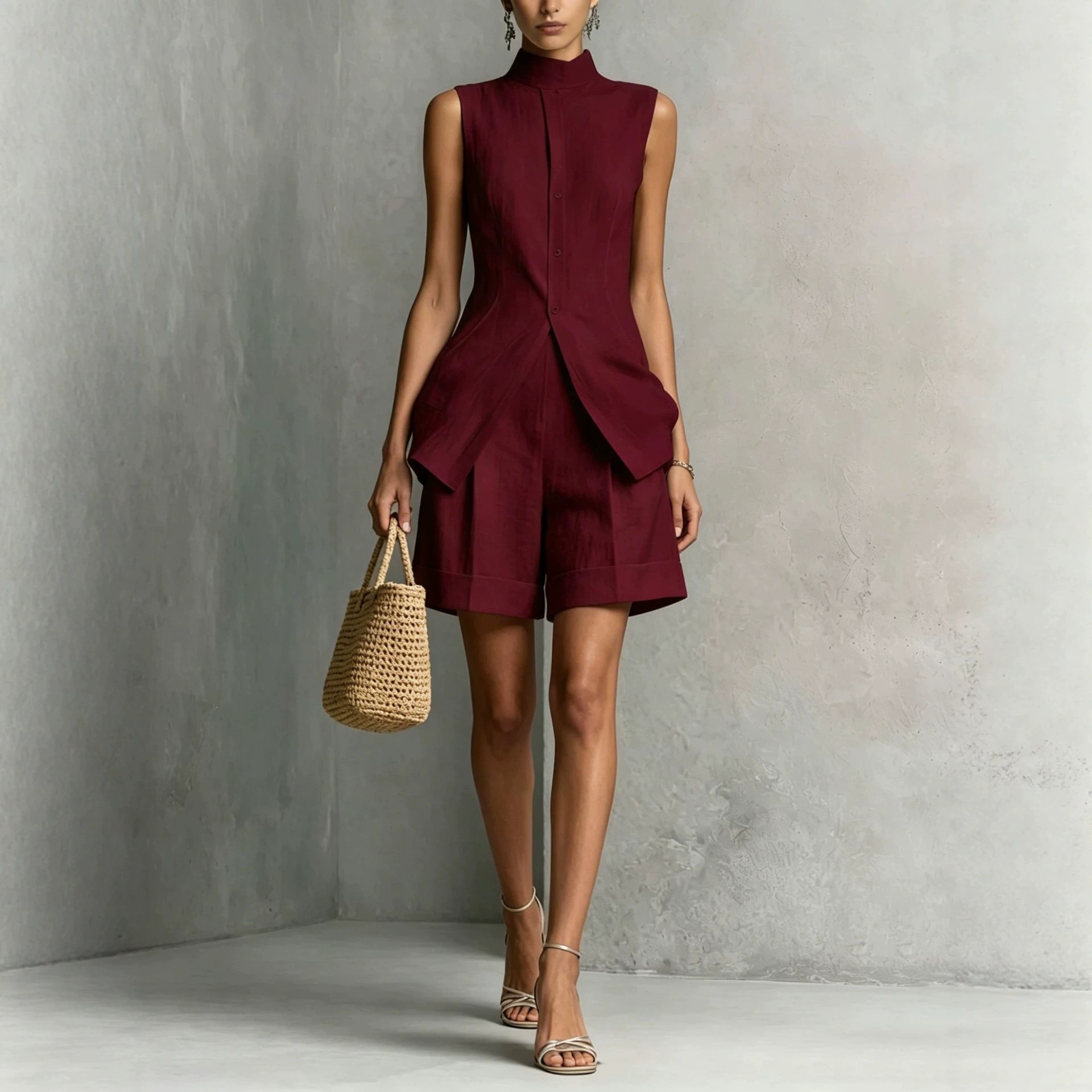 Women's Drapey Solid Sleeveless Top and Shorts Set