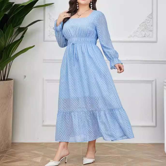 Elegant Plus Size Long Sleeve Printed Chiffon Maxi Dress