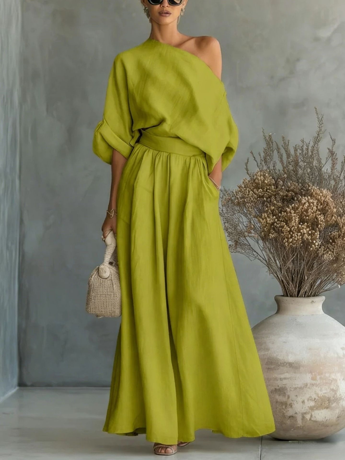 Elegant One-Shoulder Waist-Cinching Top and Skirt Two-Piece Set