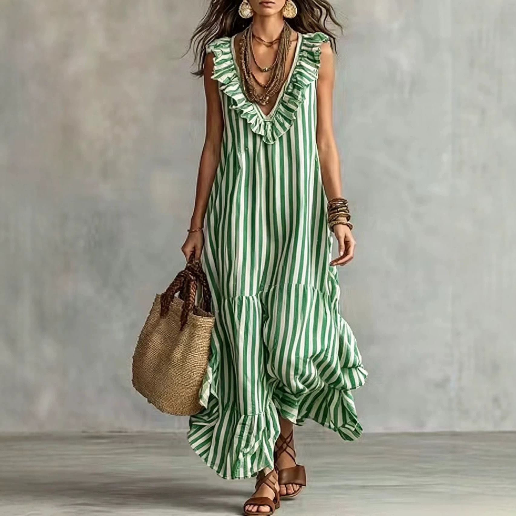 Striped Ruffle V-Neck Sleeveless Maxi Dress