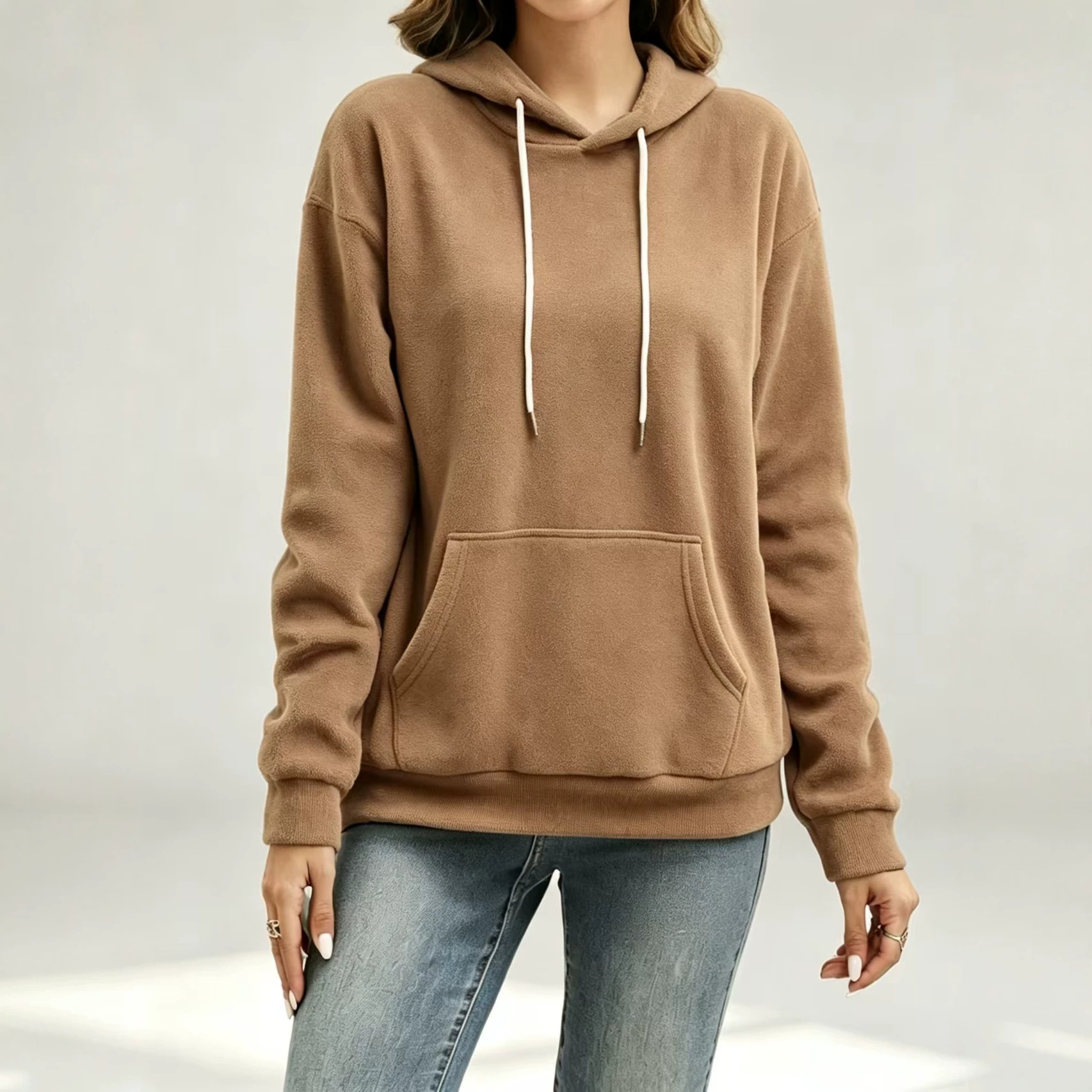 Women's Casual Loose Solid Hooded Kangaroo Pocket Sweatshirt Long Sleeve