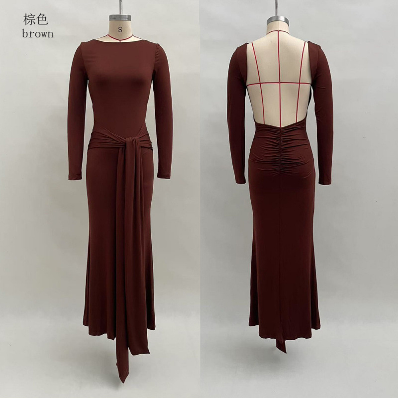 Solid Long Sleeve Open Back Waist-Cinching Midi Dress
