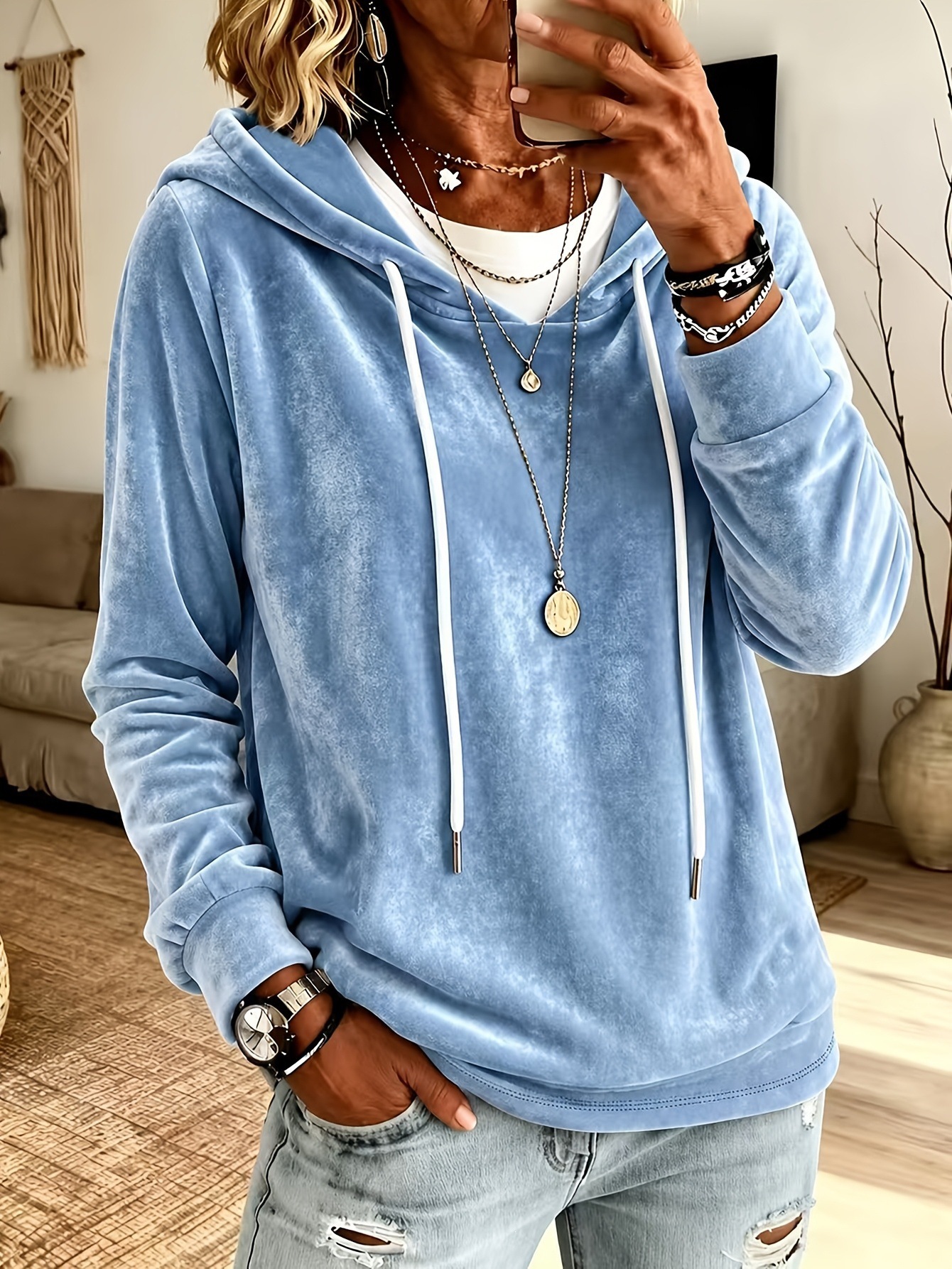 Women's Elegant Solid Velvet Hooded Long-Sleeve Top Sky Blue