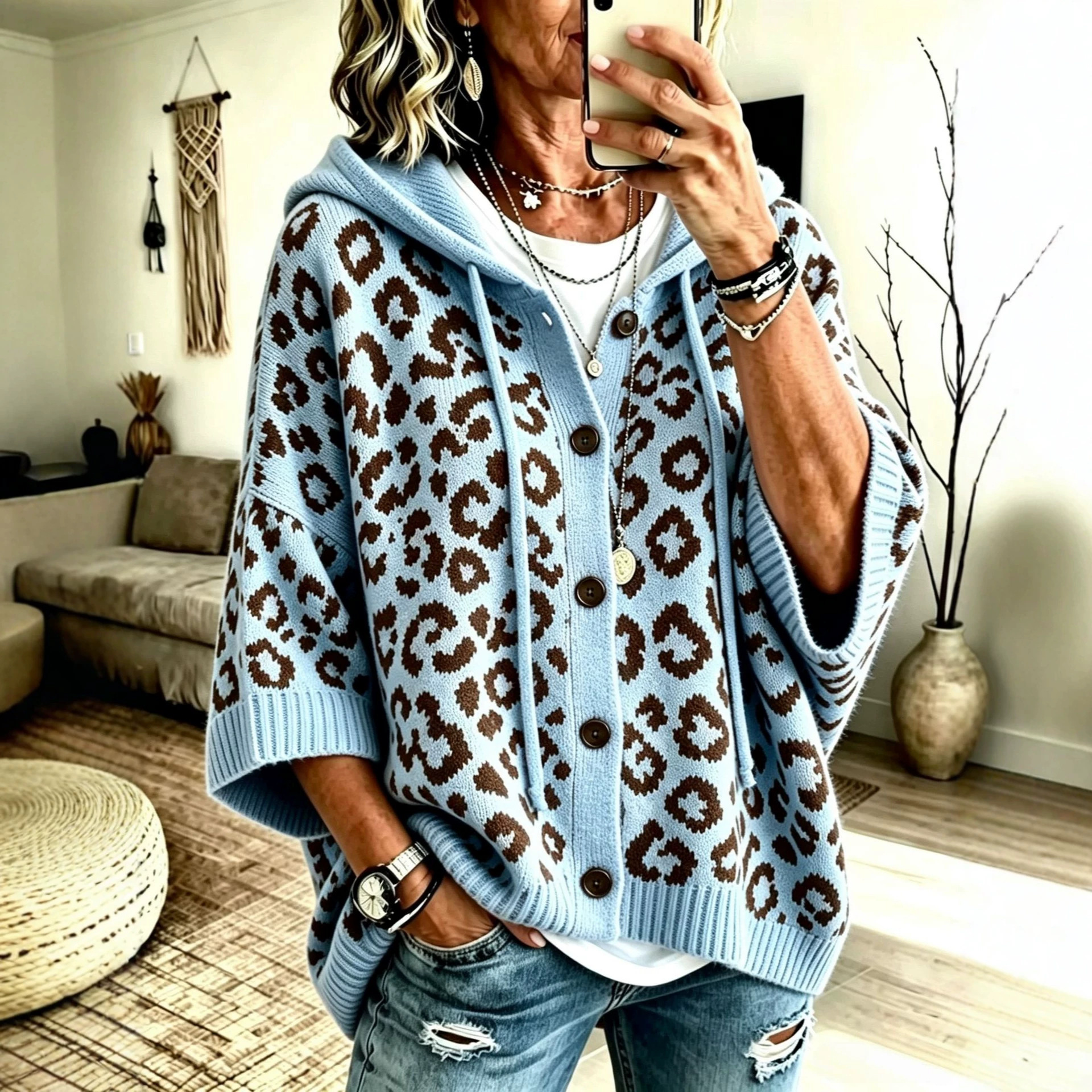 Leopard Print Button-Up Hooded Knit Cardigan Sweater