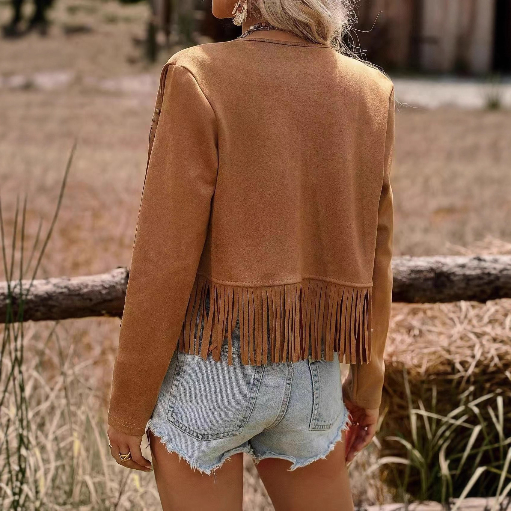 Fringe Faux Suede Studded Open-Front Mid-Length Cardigan Jacket