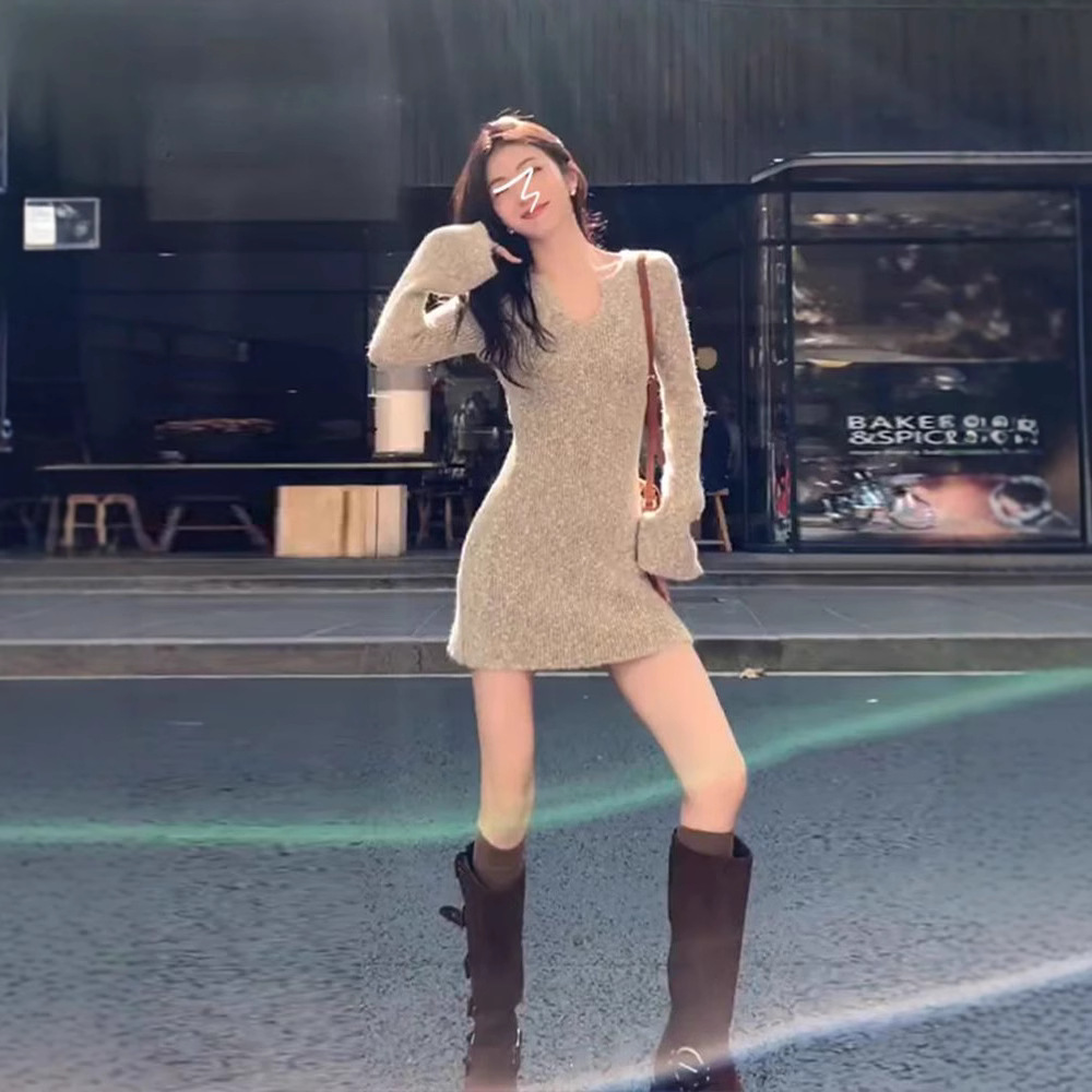 V-Neck Knit Bodycon Mini Dress Slim Fit Long Sleeve