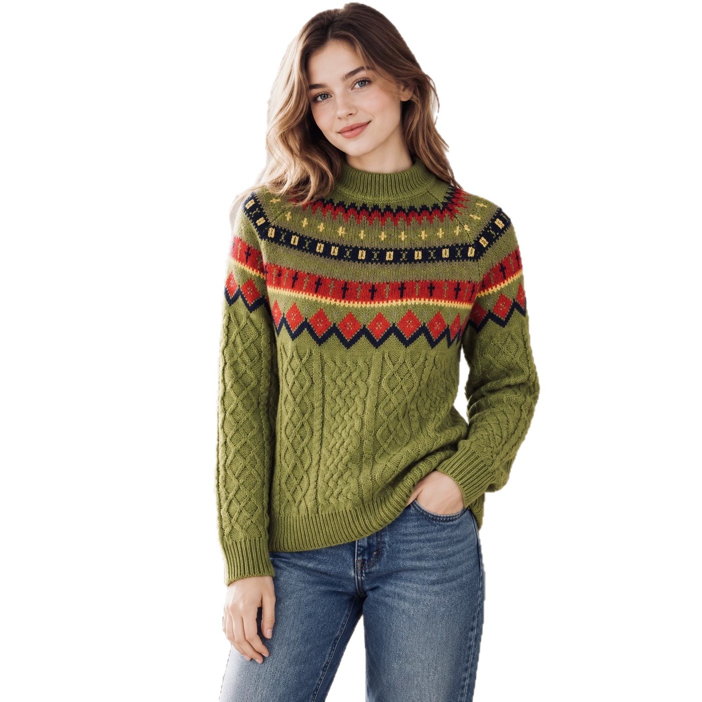 Fair Isle Jacquard Cable Knit Half-Turtleneck Sweater Women Loose Pullover