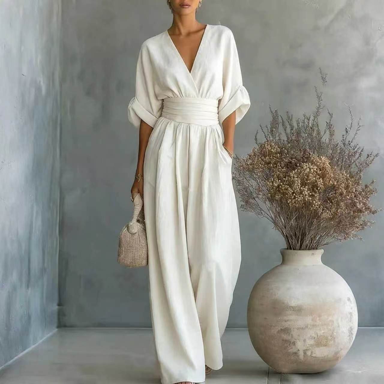 Elegant V-Neck Cinched Waist Wide-Leg Jumpsuit