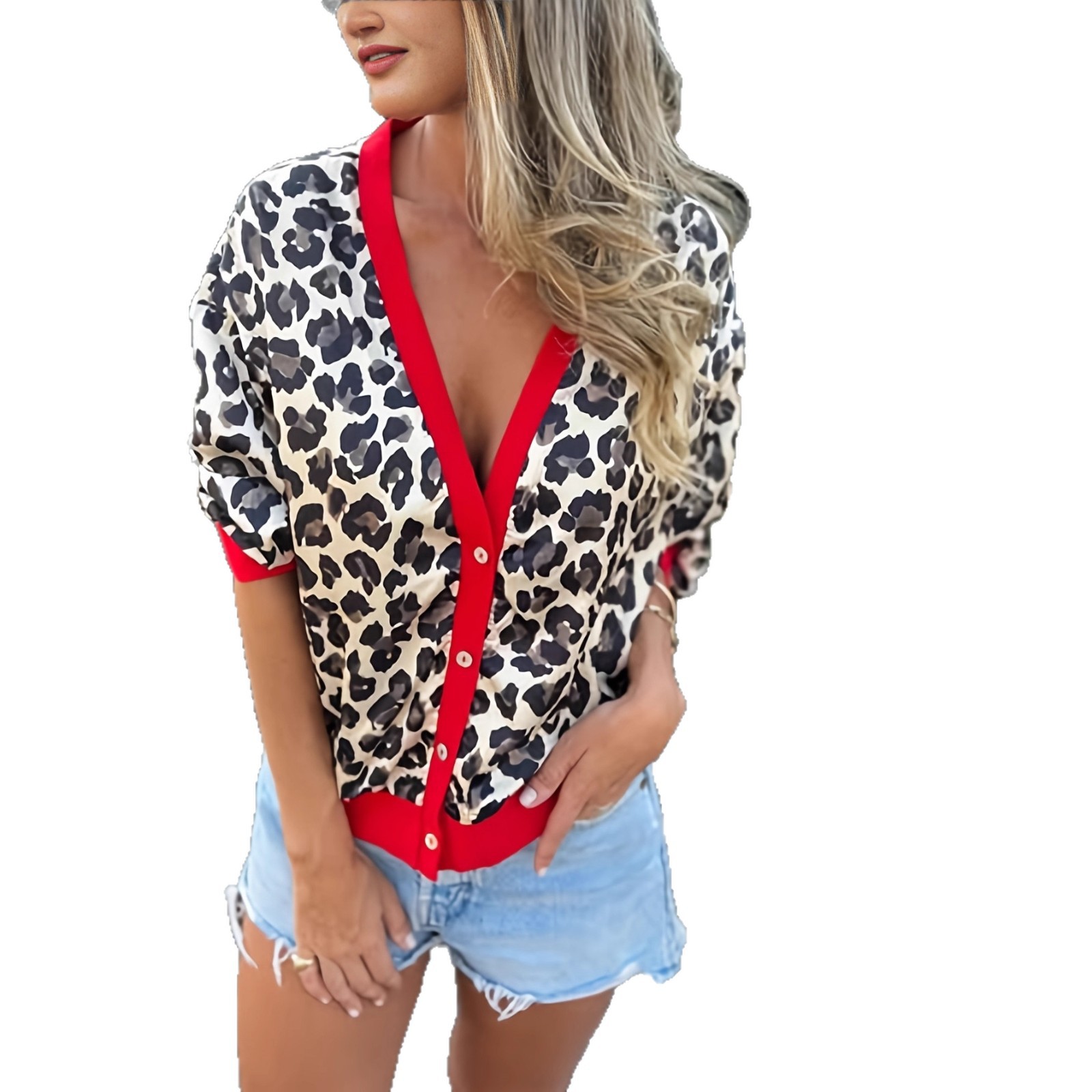 Women's Leopard Print Color-Block Cardigan with Metal Buttons