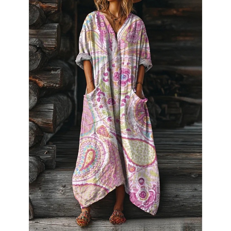 Women's Floral Ripple Print V-Neck A-Line Midi Dress Long Sleeve