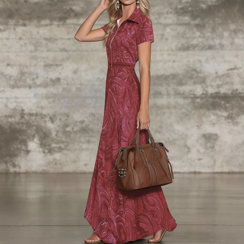 Retro Paisley Print Collared A-Line Midi Dress