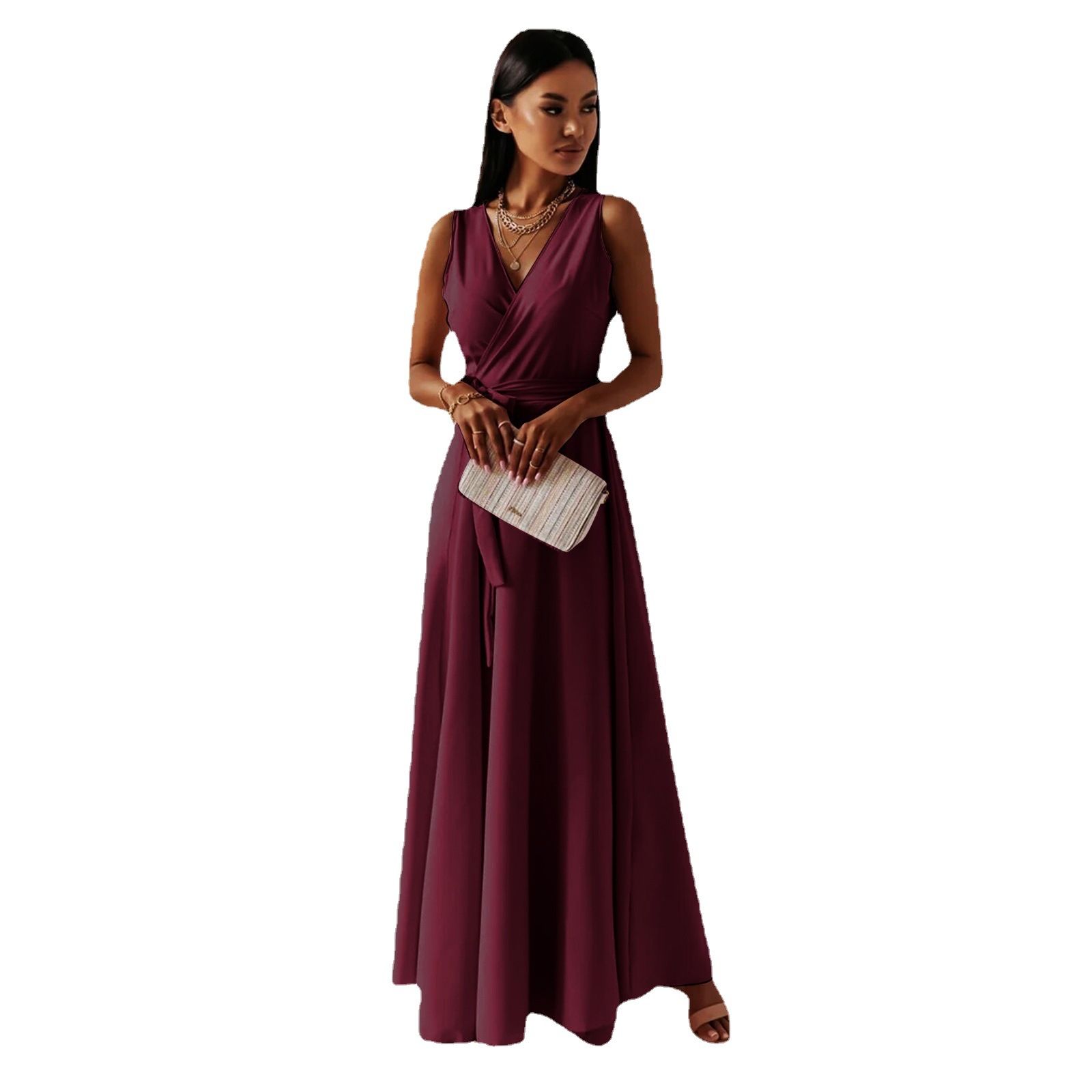 Women's Solid V-Neck Sleeveless A-Line Maxi Dress with Belt