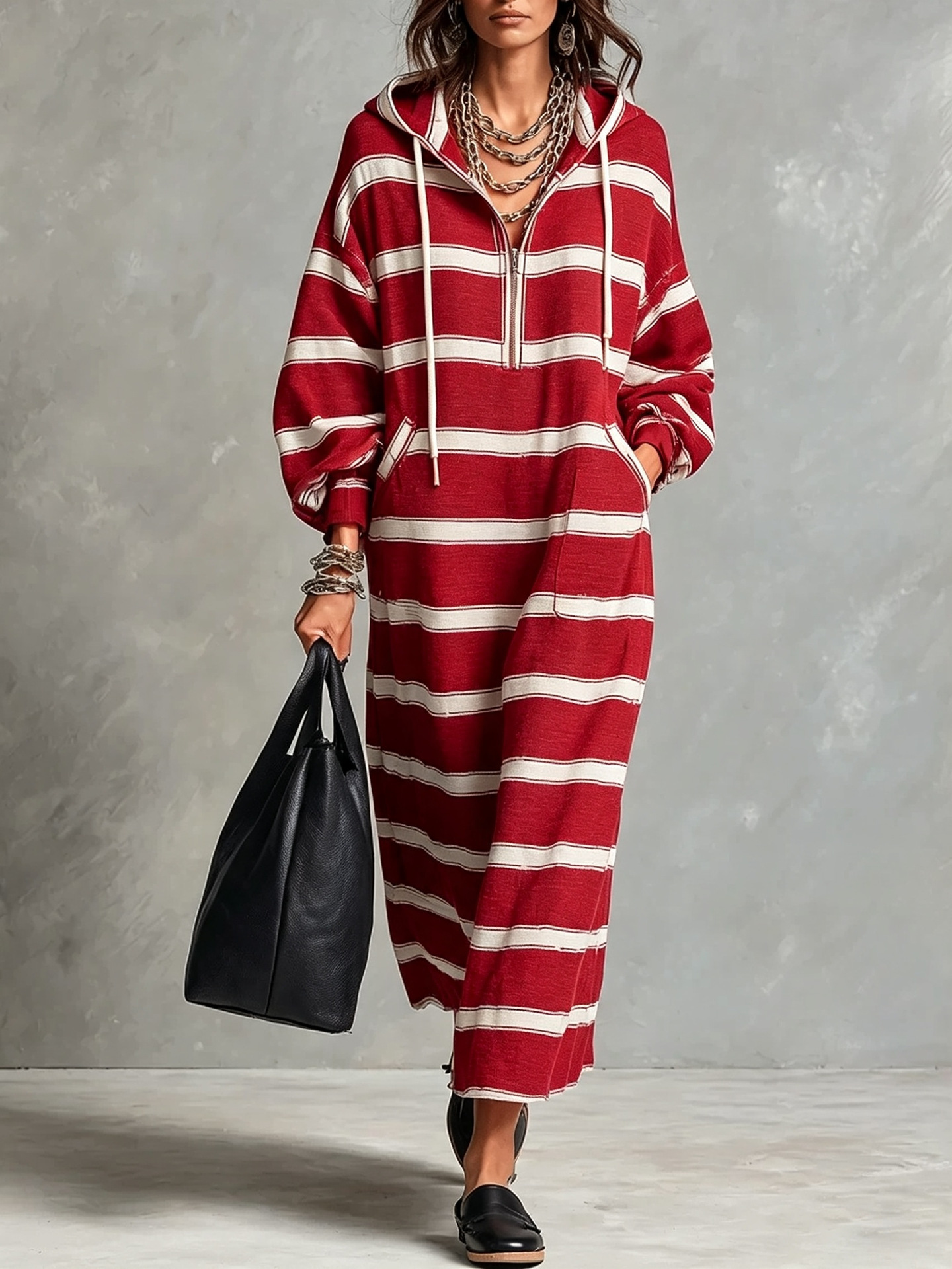 Hooded Half-Zip Loose Plus-Size Print Long Sweatshirt Dress