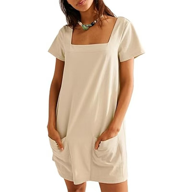 Square Neck Short Sleeve A-Line Dress with Pockets Solid Color