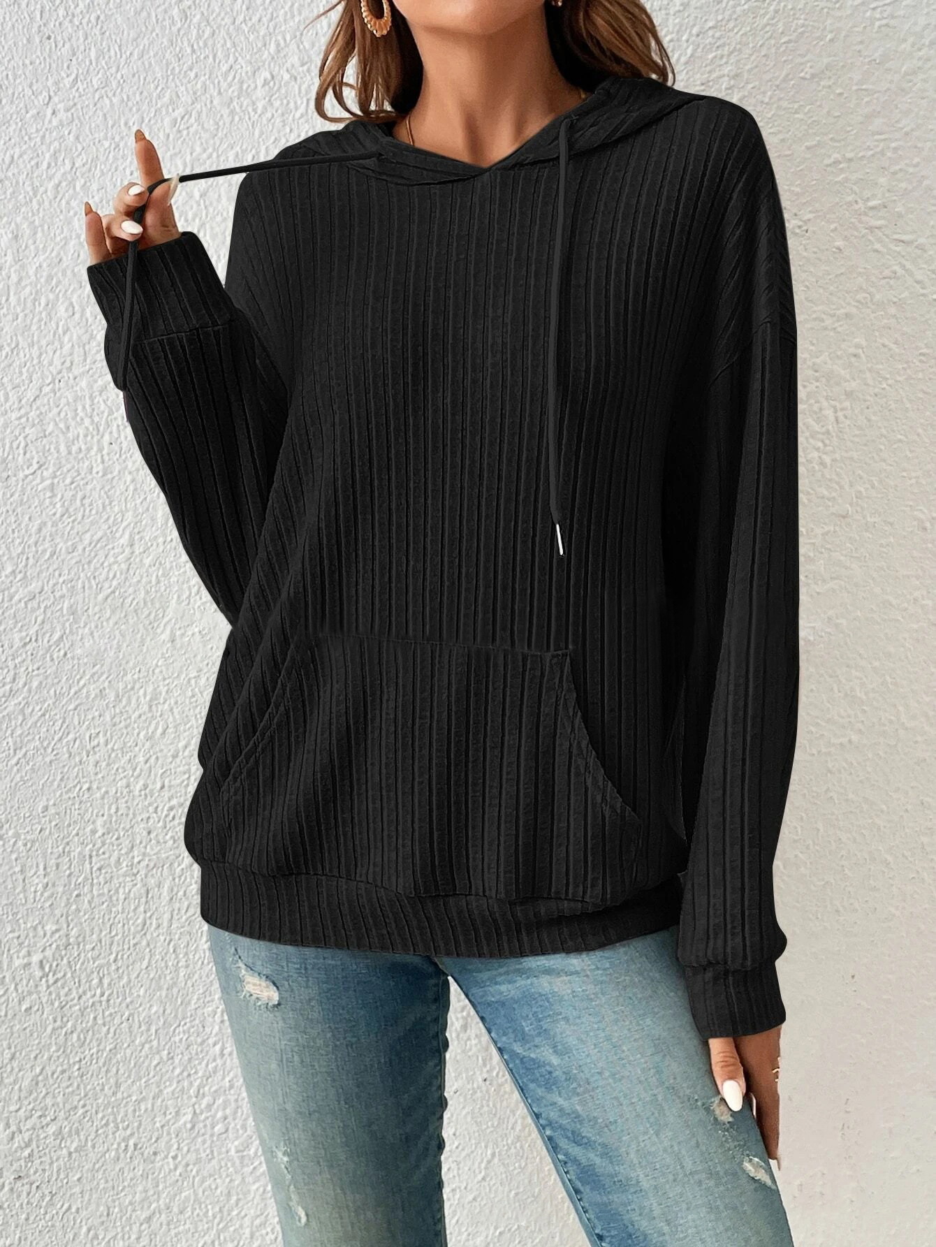 Women's Ribbed Knit Hoodie with Kangaroo Pocket