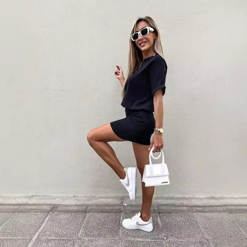 Women's Solid Color Casual Athletic Dress Short Sleeve Round Neck Elastic Waist