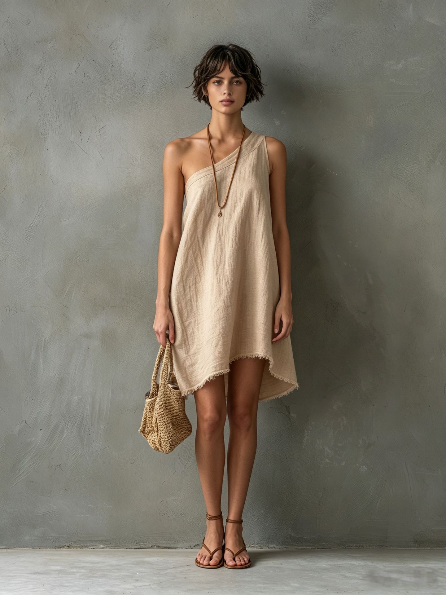 Minimalist Linen-Blend One-Shoulder Sleeveless Frayed Mini Dress
