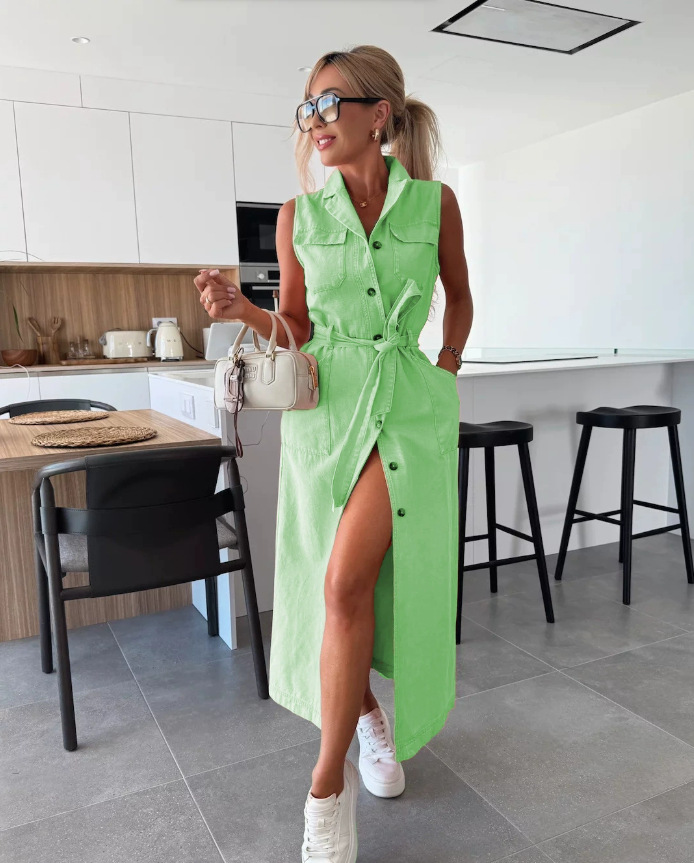 Sleeveless Long Belted Single-Breasted Denim Dress