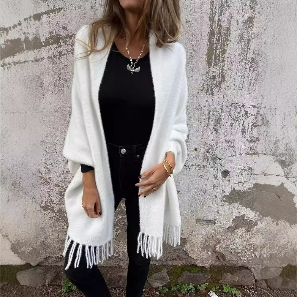 Casual Knit Faux Fur Fringe Shawl Cardigan