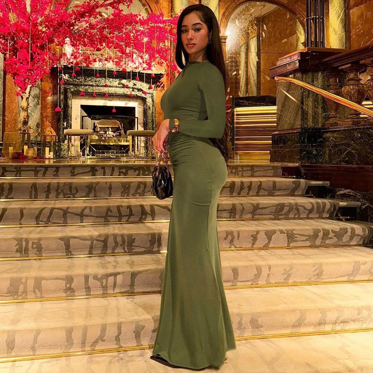 Pleated Round Neck Slim Fit Long Sleeve Dress