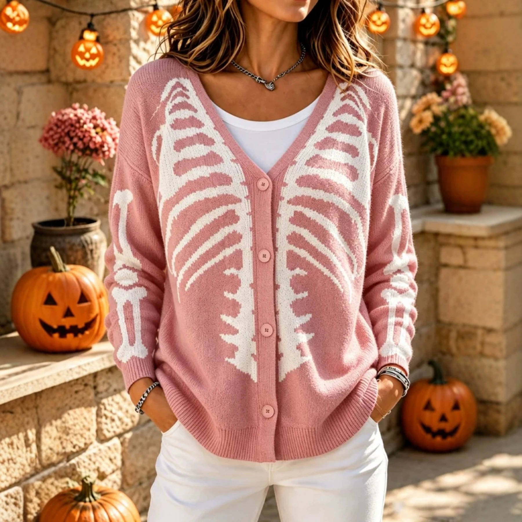 Women's Skeleton Ribbed Halloween Graphic Cardigan