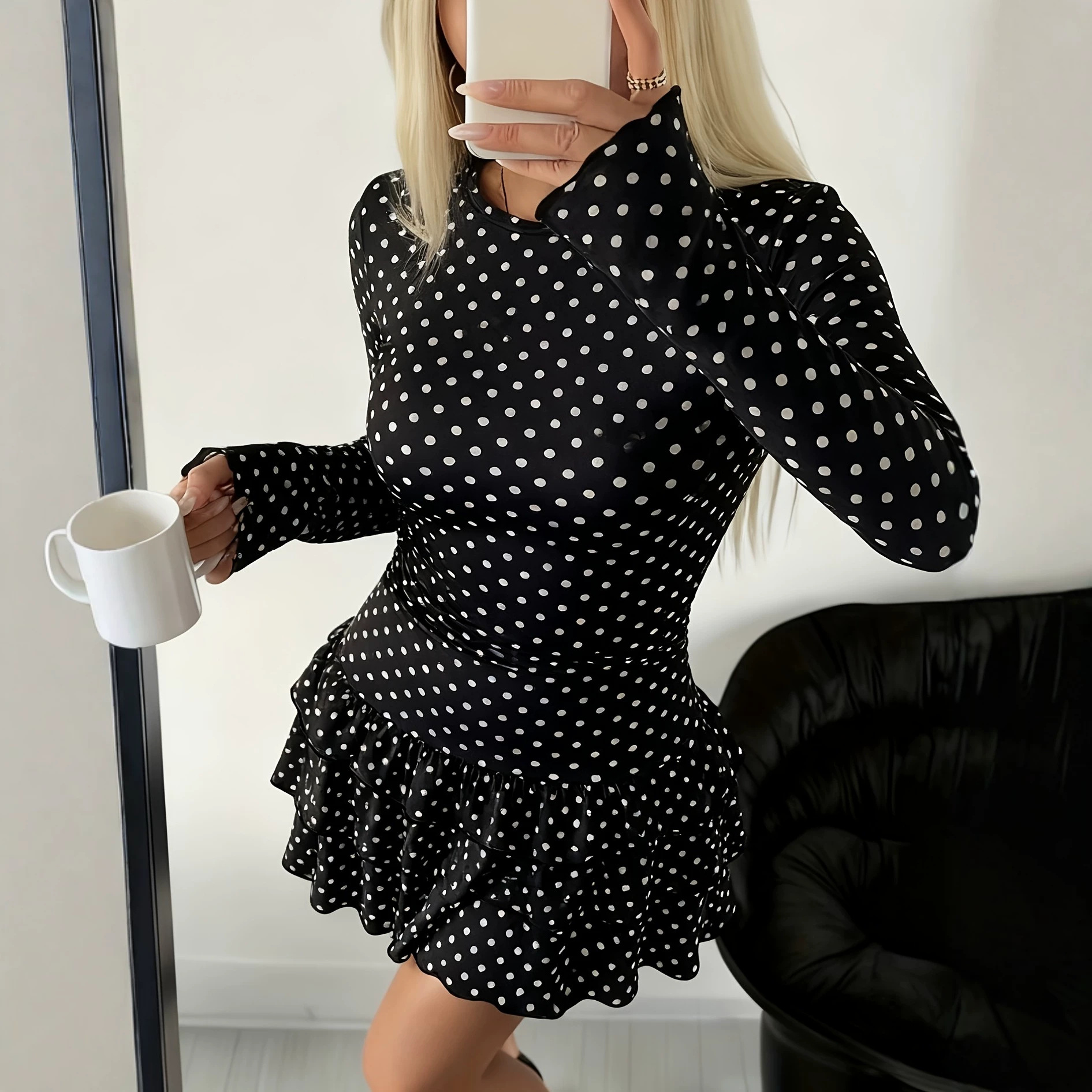 Polka Dot Long Sleeve Round Neck Ruffle Hem Mini Dress