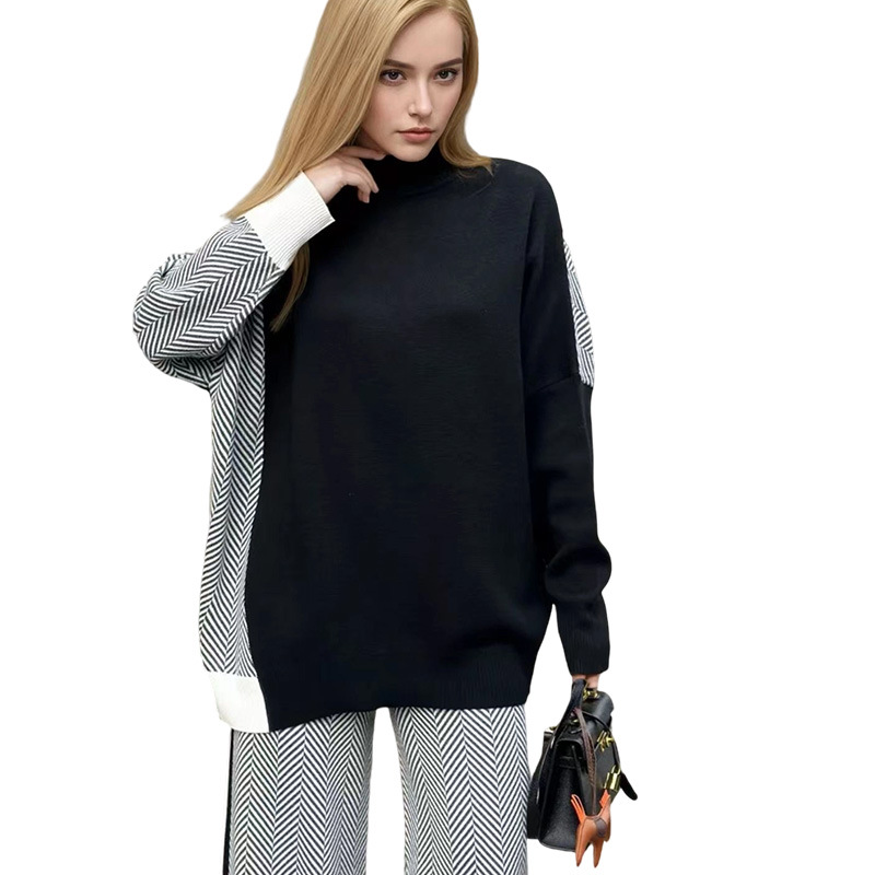 Women's Mid-Length Two-Piece Sweater Set Loose Fit Plus Size Colorblock