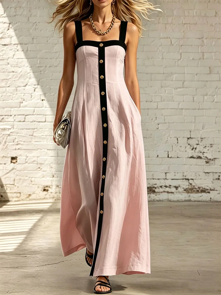 Women's Color-Block Black-Trim Square-Neck Button-Front Sleeveless Maxi Dress