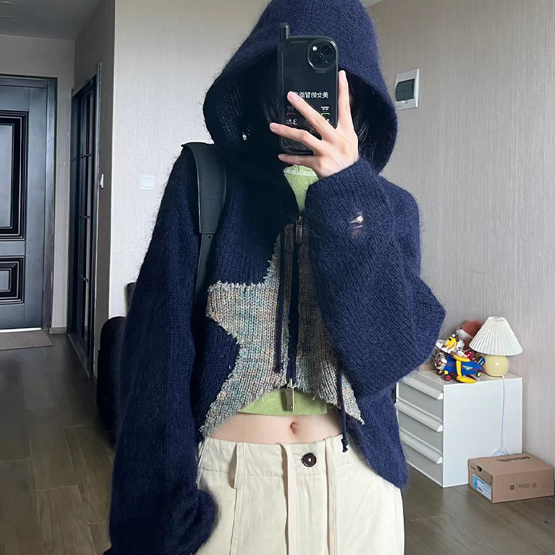 Women's Star Print Hooded Drawstring Cardigan Long Sleeve Top