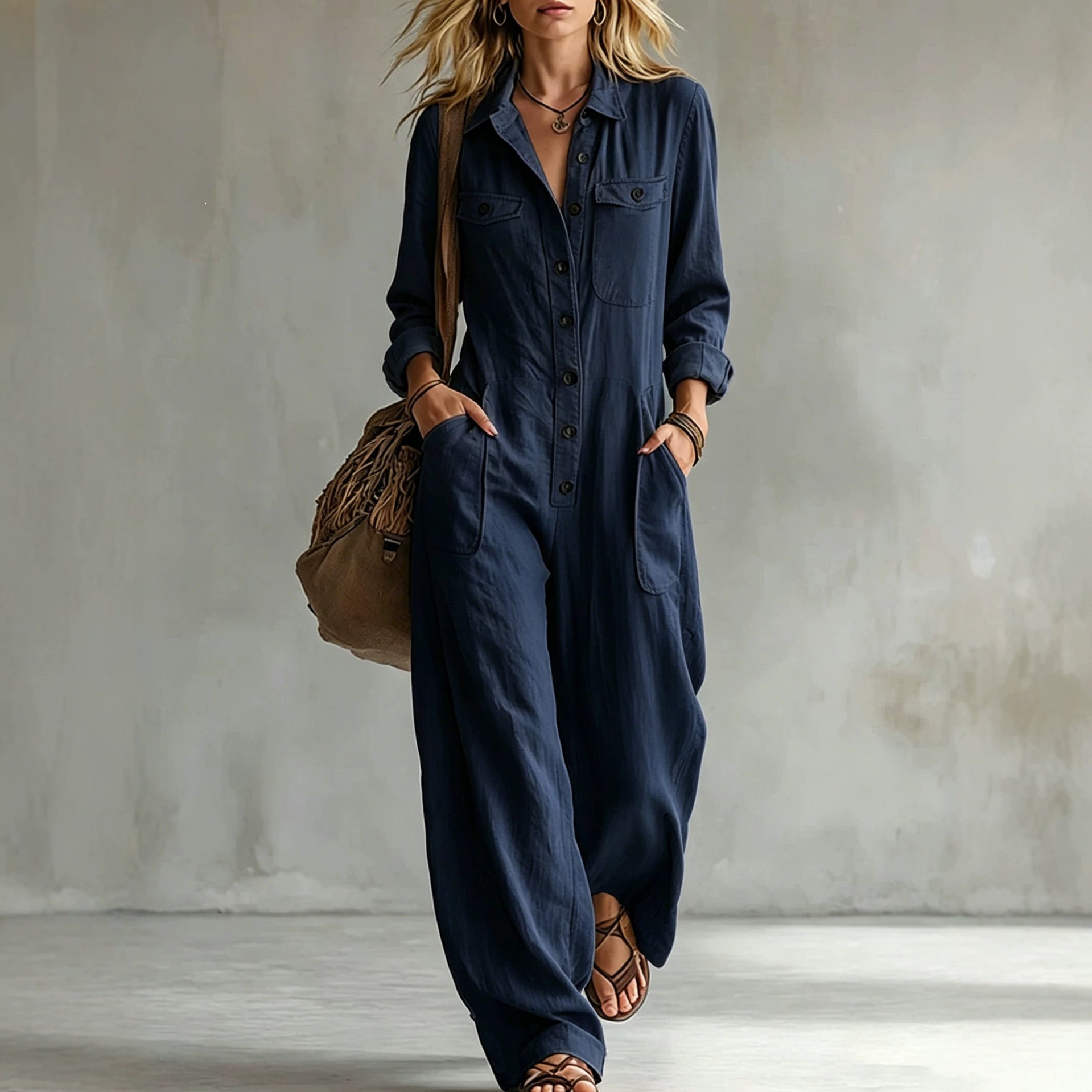 Women's Linen-Blend Cargo Jumpsuit with Collar, Long Sleeve, Wide Leg, Loose Fit