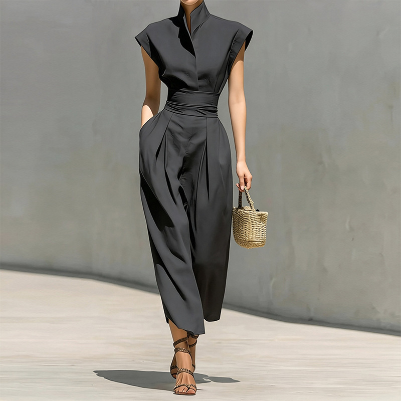 Elegant Stand Collar Solid Color Flutter Sleeve Dress
