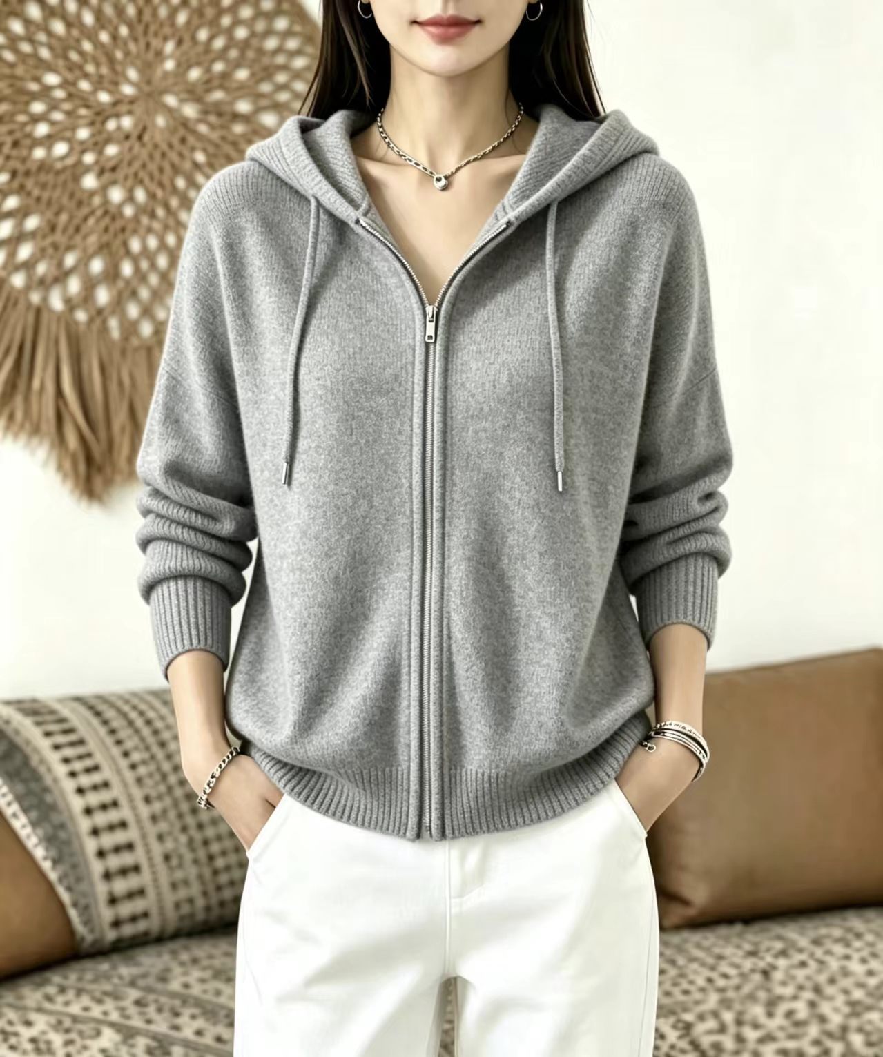 Women's Zip-Up Hooded Knit Cardigan Sweater